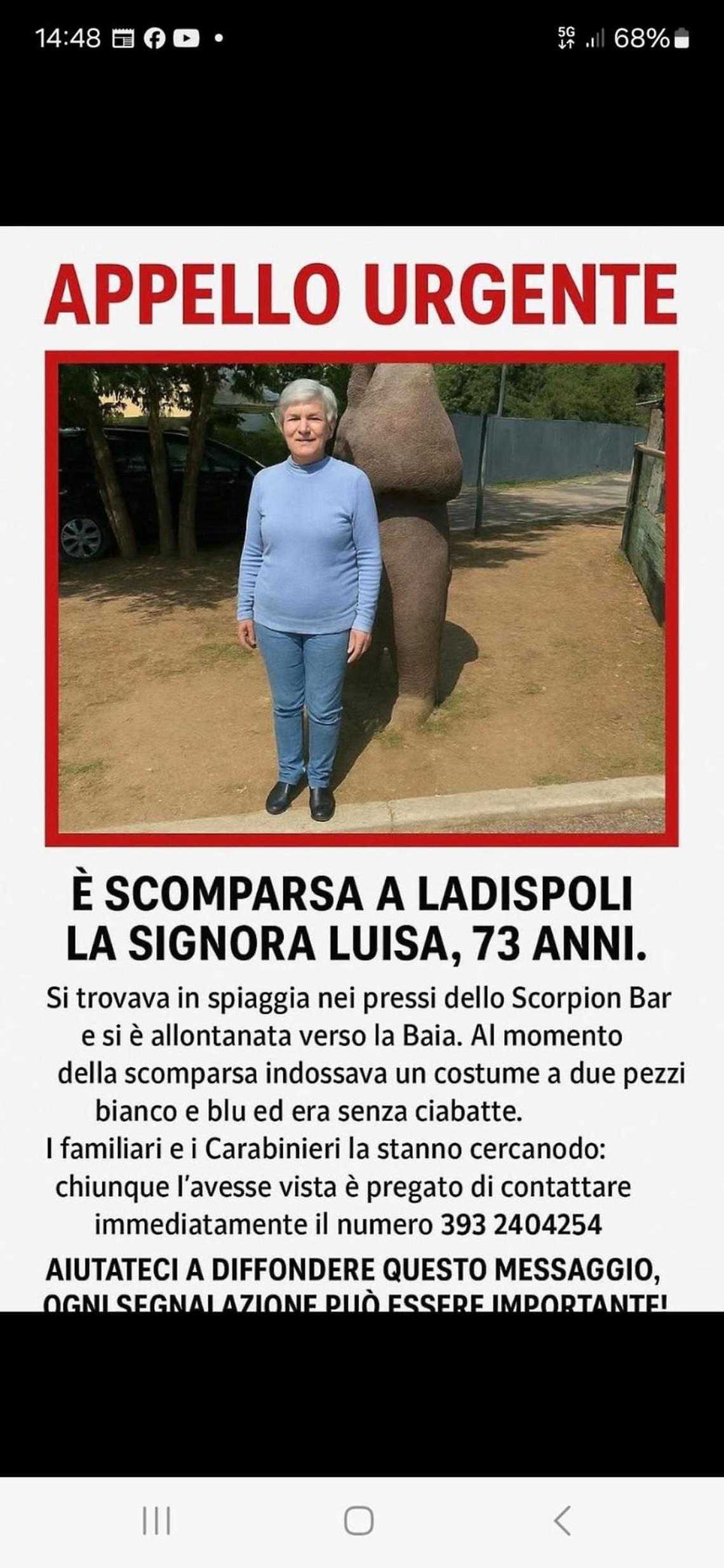 Ladispoli, donna di 73 anni scomparsa dalla spiaggia