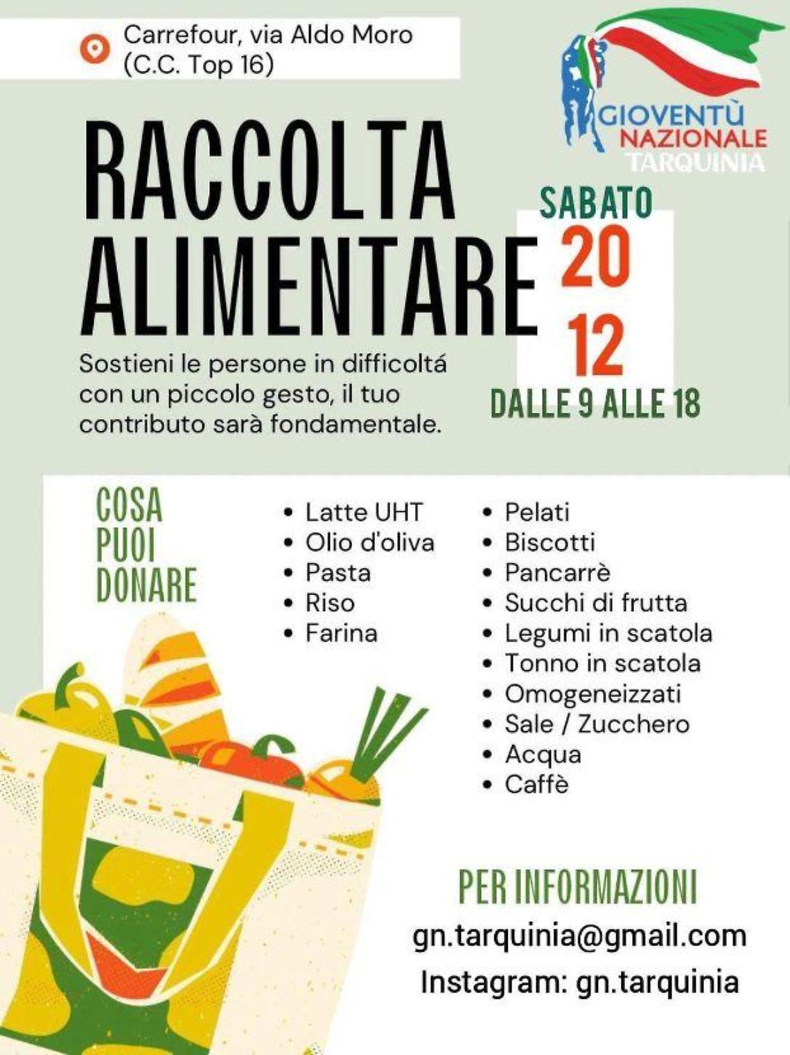 Giovent&ugrave; nazionale Tarquinia organizza per sabato 20 dicembre una raccolta alimentare per le famiglie in difficolt&agrave;
